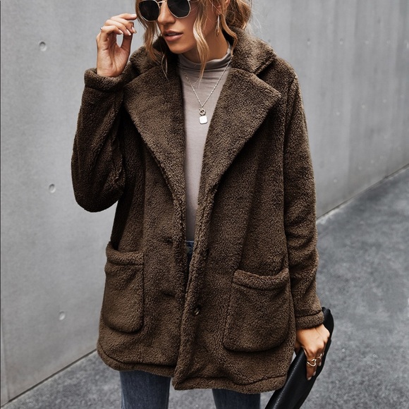 Charcoal Grey comfy button pocket teddy jacket pea coat - Picture 3 of 11